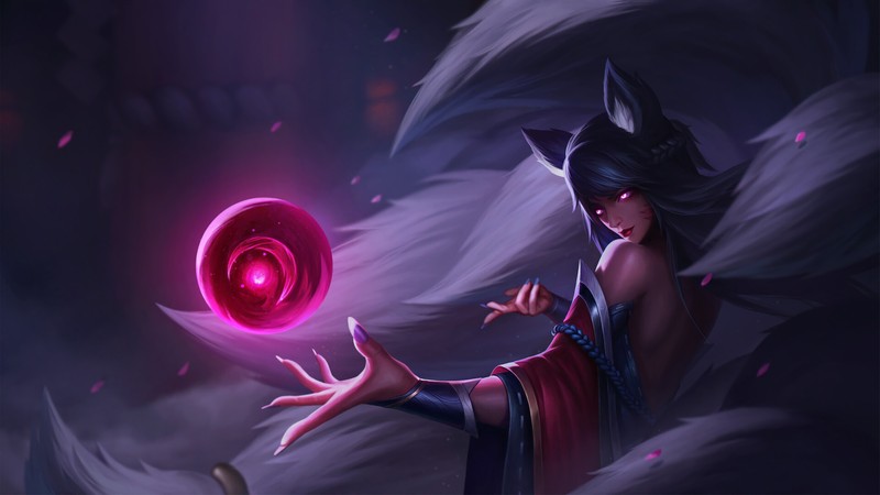 Женщина с красным шаром в руке (ахри, ahri, lol, league of legends, видеоигра)