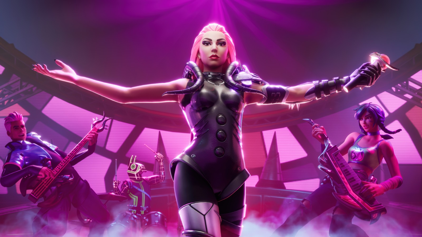 Una mujer en un traje negro y una luz rosa está de pie frente a un escenario (lady gaga, fortnite, rosa, juegos, fondo de pantalla 4k)