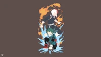 Shoto Todoroki e Izuku Midoriya em um design de anime minimalista, mostrando seus poderes elementares.