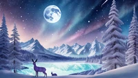 Montagnes enneigées au clair de lune avec des cerfs sous les aurores boréales