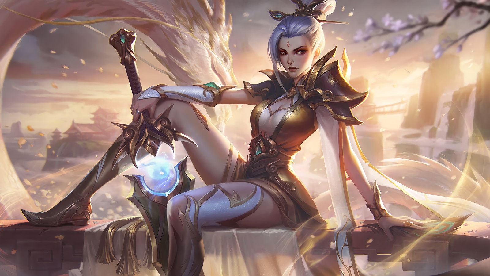 A woman with a sword sitting on a ledge in a fantasy setting (riven, valiant sword, prestige edition, splash art, lol)