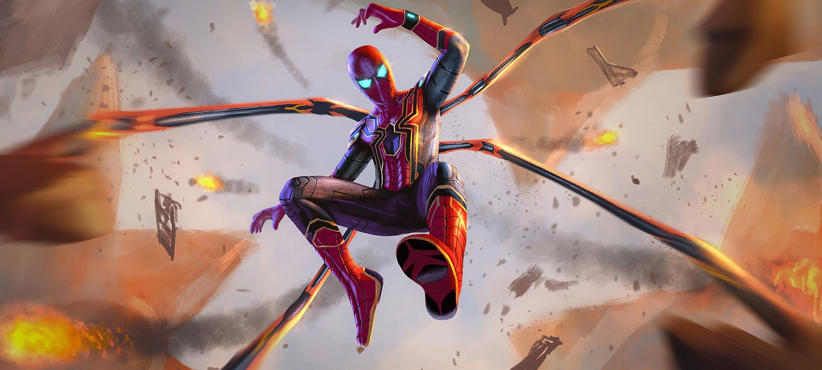 A spider - man flying through the air with a large spider on his back (spider man, iron man, marvel cinematic universe, marvel comics, art)