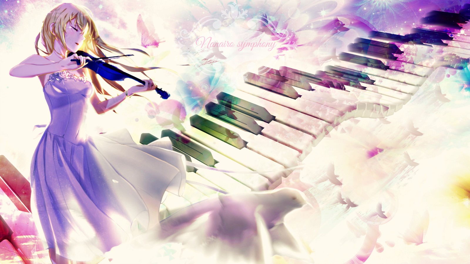 Anime girl playing violin in front of a piano keyboard (anime, blossom, lilac, kaori, piano)