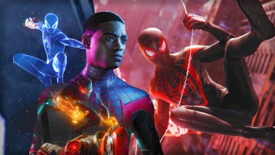 Miles Morales en action, montrant ses capacités duales en tant que Spider-Man dans un cadre de jeu vidéo dynamique.