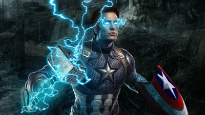 Capitán América empuñando relámpagos en Vengadores: Endgame.