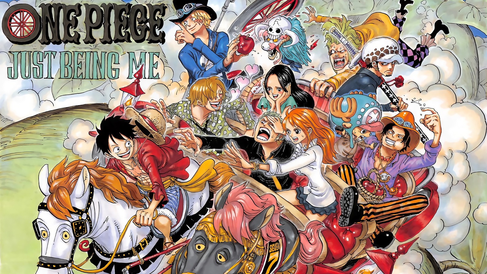 Ein bild aus einem one piece-magazin mit vielen charakteren, die auf einem pferd reiten (one piece, anime, strohboot piraten, monkey d luffy, sanji)