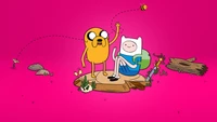 Finn and Jake Enjoy an Adventure on a Vibrant Pink Background