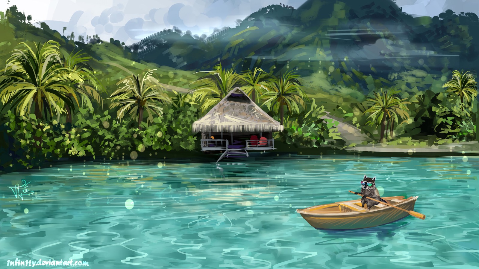 Painting of a boat in a body of water with a hut in the background (natural landscape, illustration, landscape, lagoon, drawing)