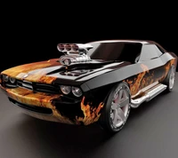 Carro muscle Dodge personalizado com design flamejante e melhorias de desempenho