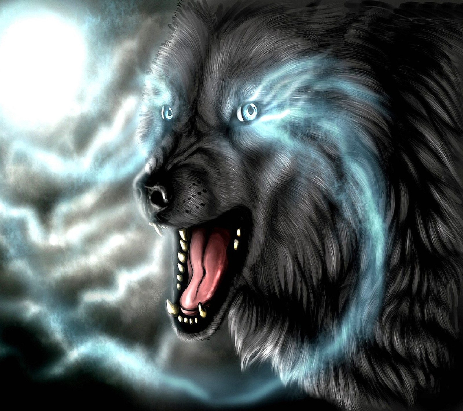 A close up of a wolf with blue eyes and a full moon (wolf)