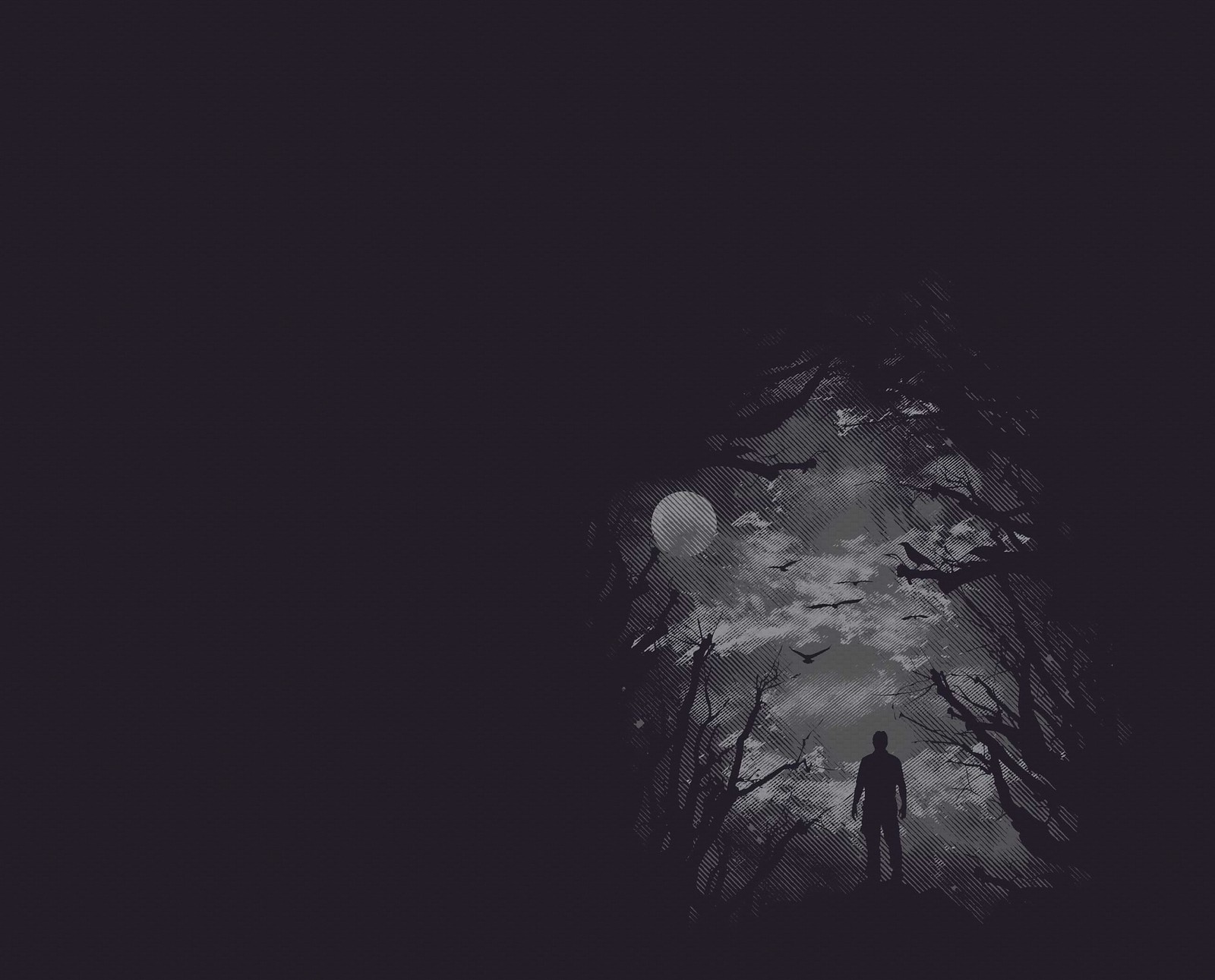 A lone man standing in a dark forest with a full moon (dark, minimal, moon, nigh)