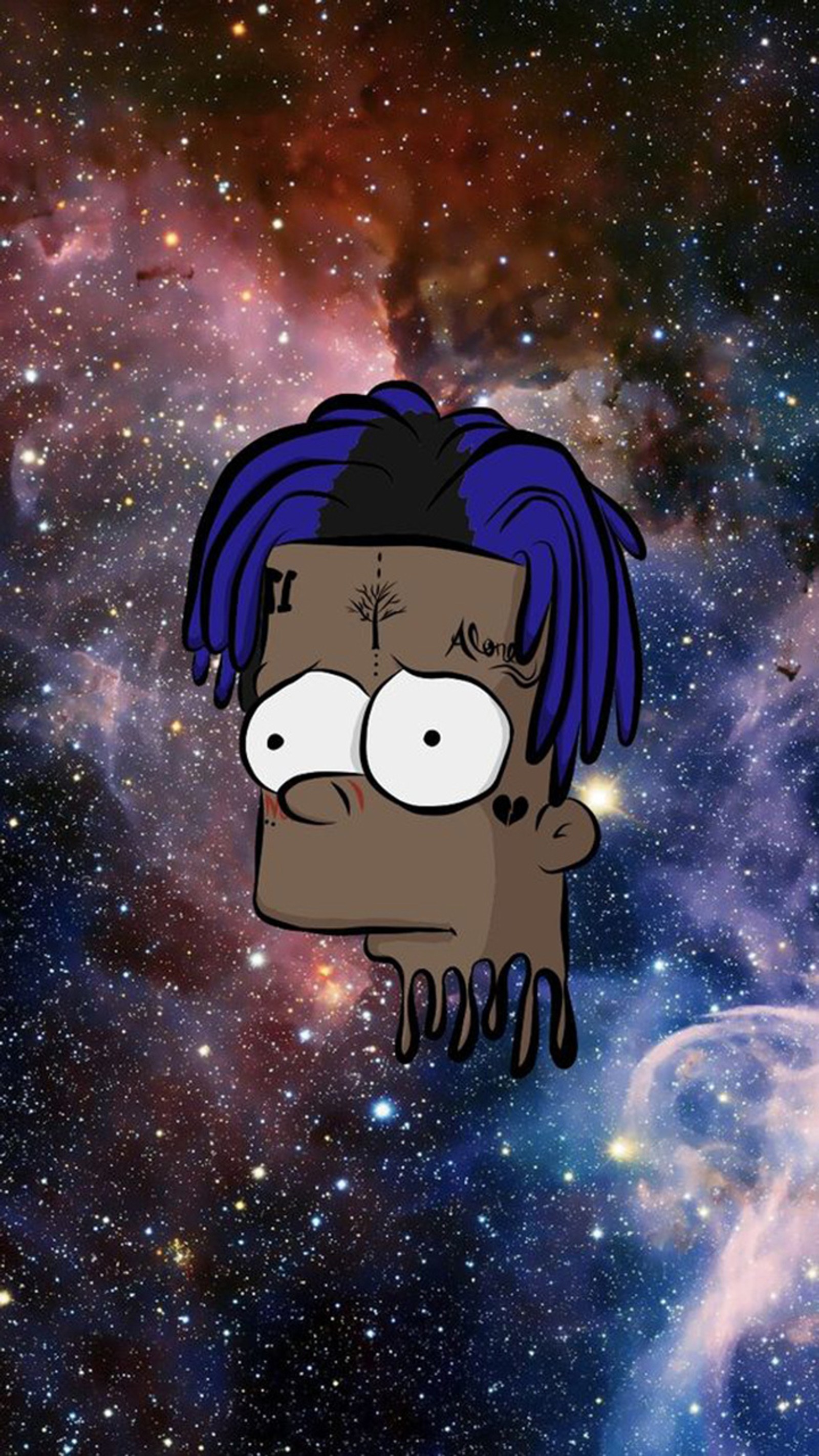 Un personaje de dibujos animados con cabello púrpura y una peluca púrpura en la cabeza (simpson, tentación)