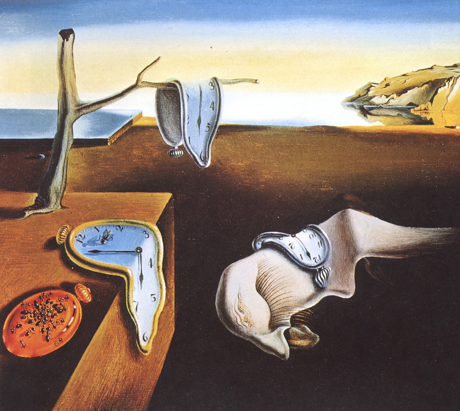 A painting of a clock and a hand on a table (art, painting, salvador dali, surrealism, time)