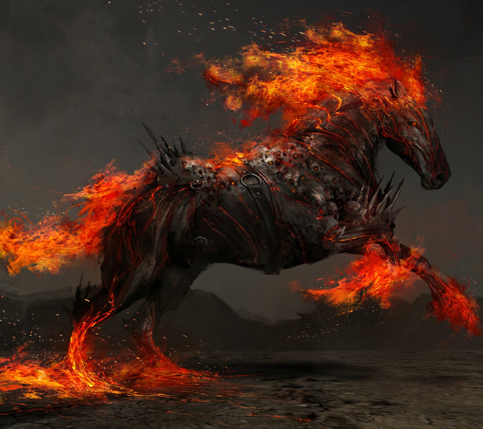 Image arabesque d'un cheval avec du feu et des flammes courant à travers un désert (noir, feu, flamme, cheval)