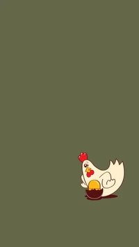 A whimsical cartoon chicken with a playful expression, sitting beside an egg on a muted green background.