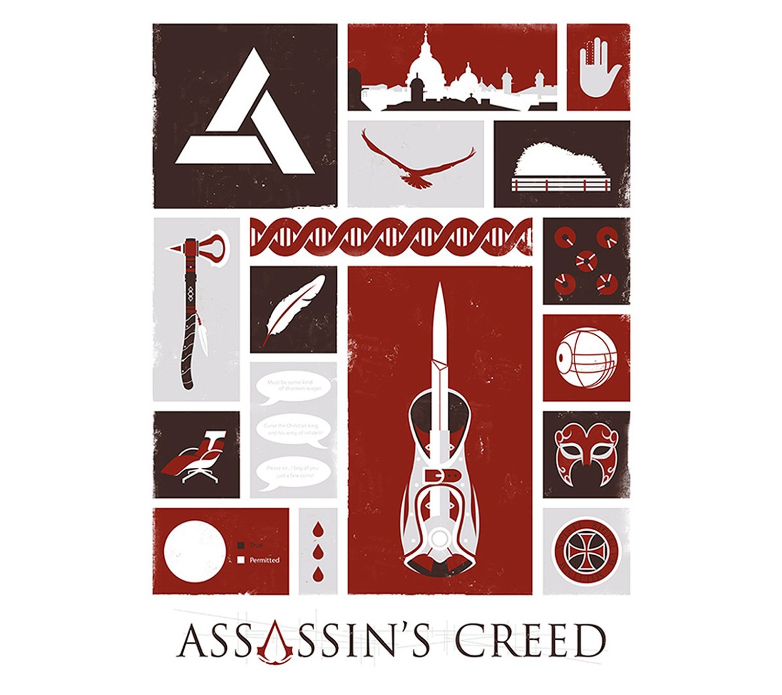 A close up of a poster with a bunch of different items (assassins creed, game, killer, logos, ubisoft)