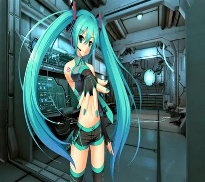 Personnage Vocaloid dans un cadre futuriste avec des accents bleus