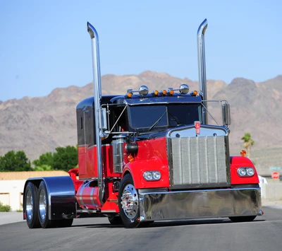 Caminhão Kenworth vermelho clássico em paisagem americana