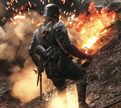 Un,soldat,naviguant,un,champs,de,bataille,enflammé,dans,Battlefield 1.