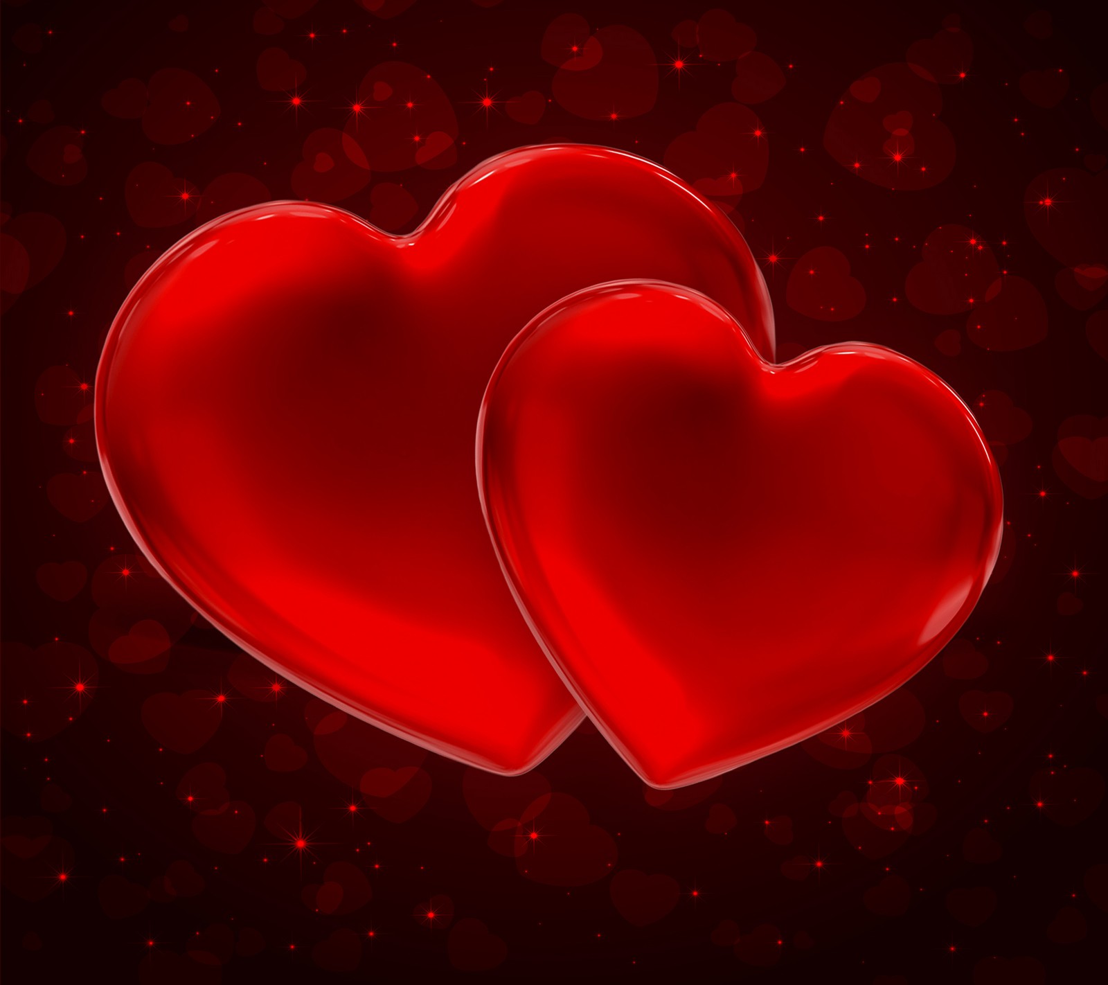 Two red hearts on a dark background with stars (heart, love, red, romantic, valentine)