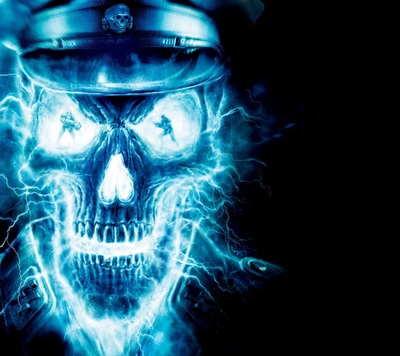 Glowing Angry Skull in Military Cap Surrounded by Electric Energy