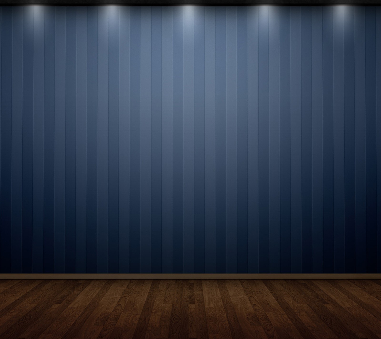 A dark blue wall with three spotlights in a room (3d, abstract)