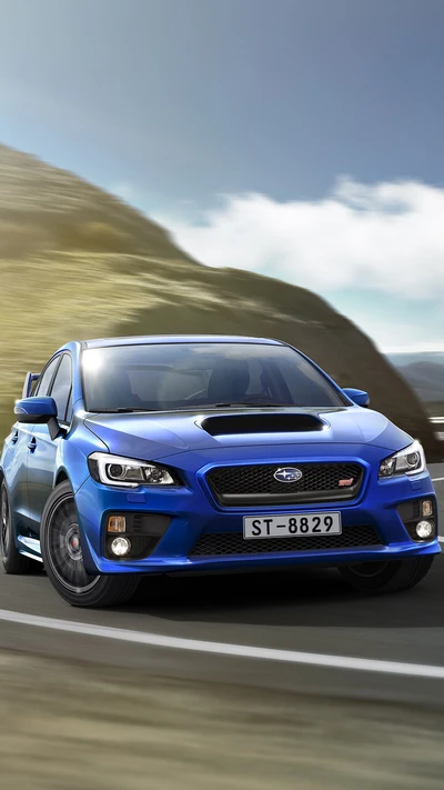 Subaru WRX STI en mouvement dynamique sur route courbe