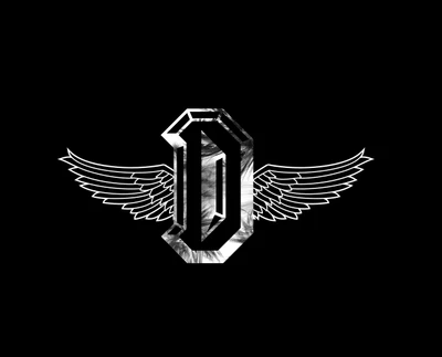 Stylized "D" with angelic wings on a black background.