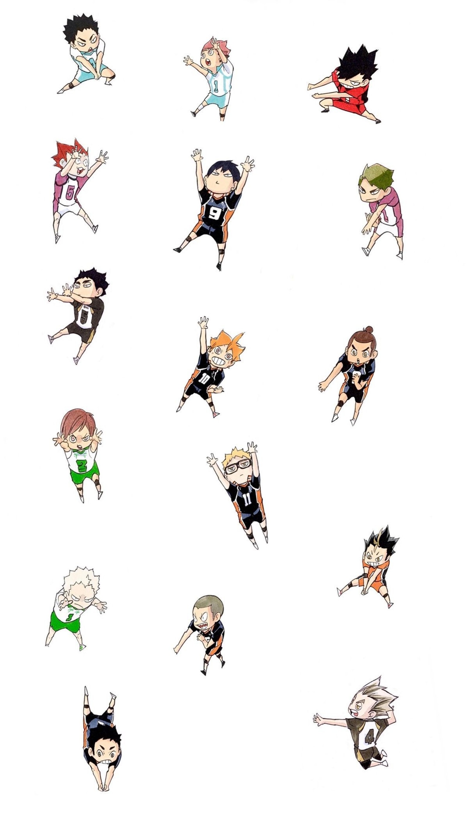 Des personnages de dessin animé volent dans les airs en cercle (chibi, haikyuu)