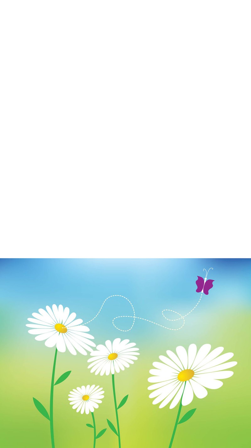 There are three daisies in a field with a butterfly flying by (flower, garden)