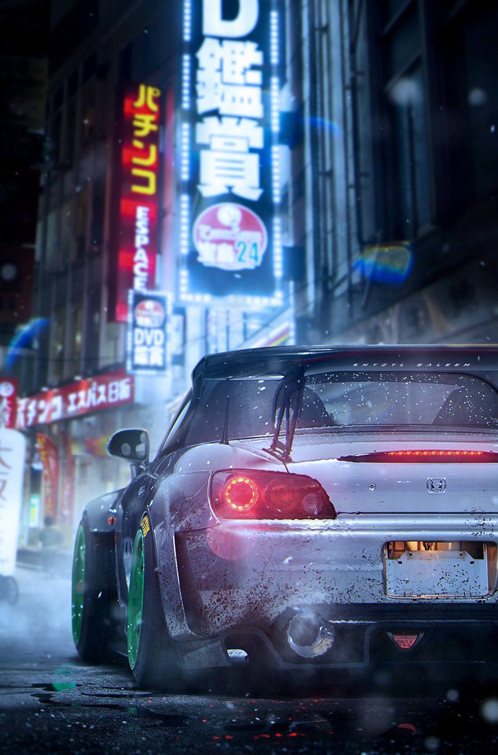 Arafed car driving down a city street in the rain (power, cars, honda, s2000, jdm)