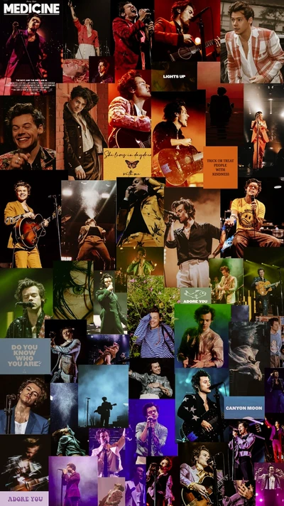 Un collage vibrante de Harry Styles actuando, mostrando sus coloridos trajes y su enérgica presencia en el escenario.