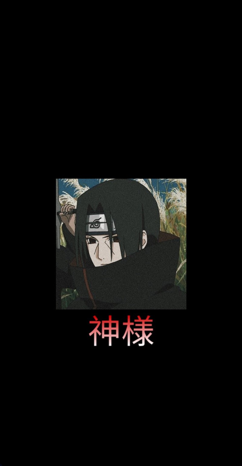 Персонаж аниме на черном фоне с красным текстом (itachi, naruto)