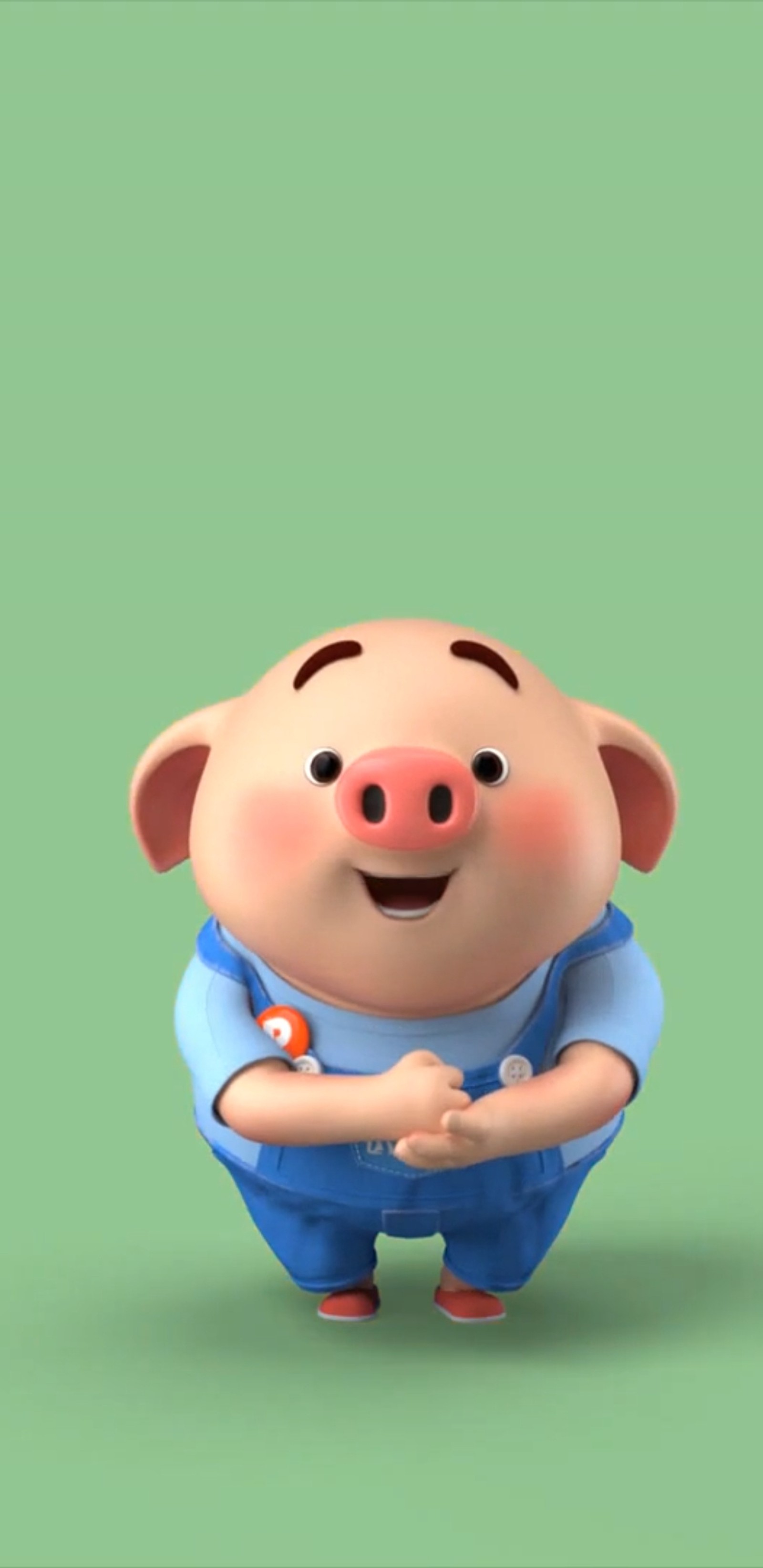 A close up of a cartoon pig with a blue shirt and blue pants (green, cute, pig)