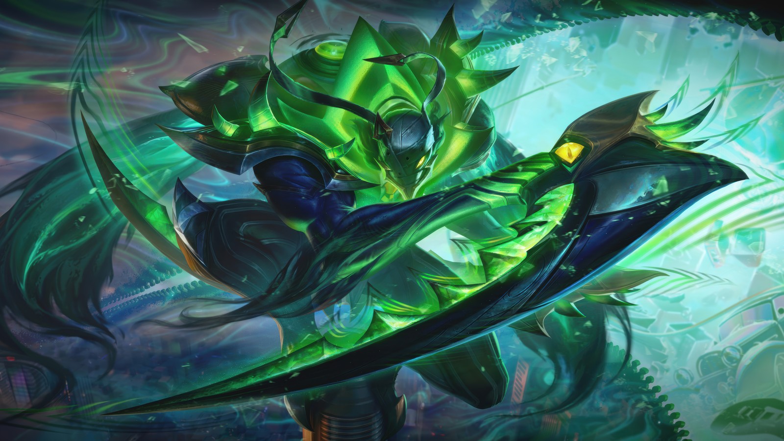 A close up of a green and black character holding a sword (dream raider, khazix, lol wild rift, video game, league of legends)