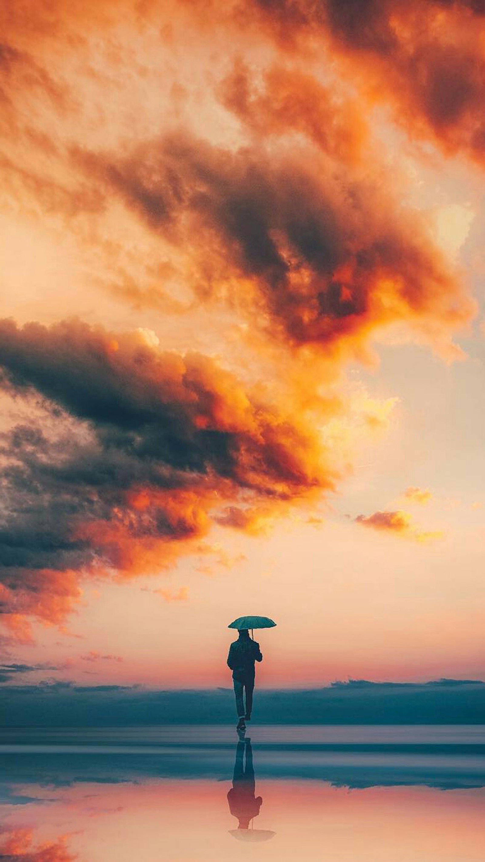 Girafe marchant sur une plage avec un parapluie au coucher du soleil (seul, nuages, homme, nature, gens)