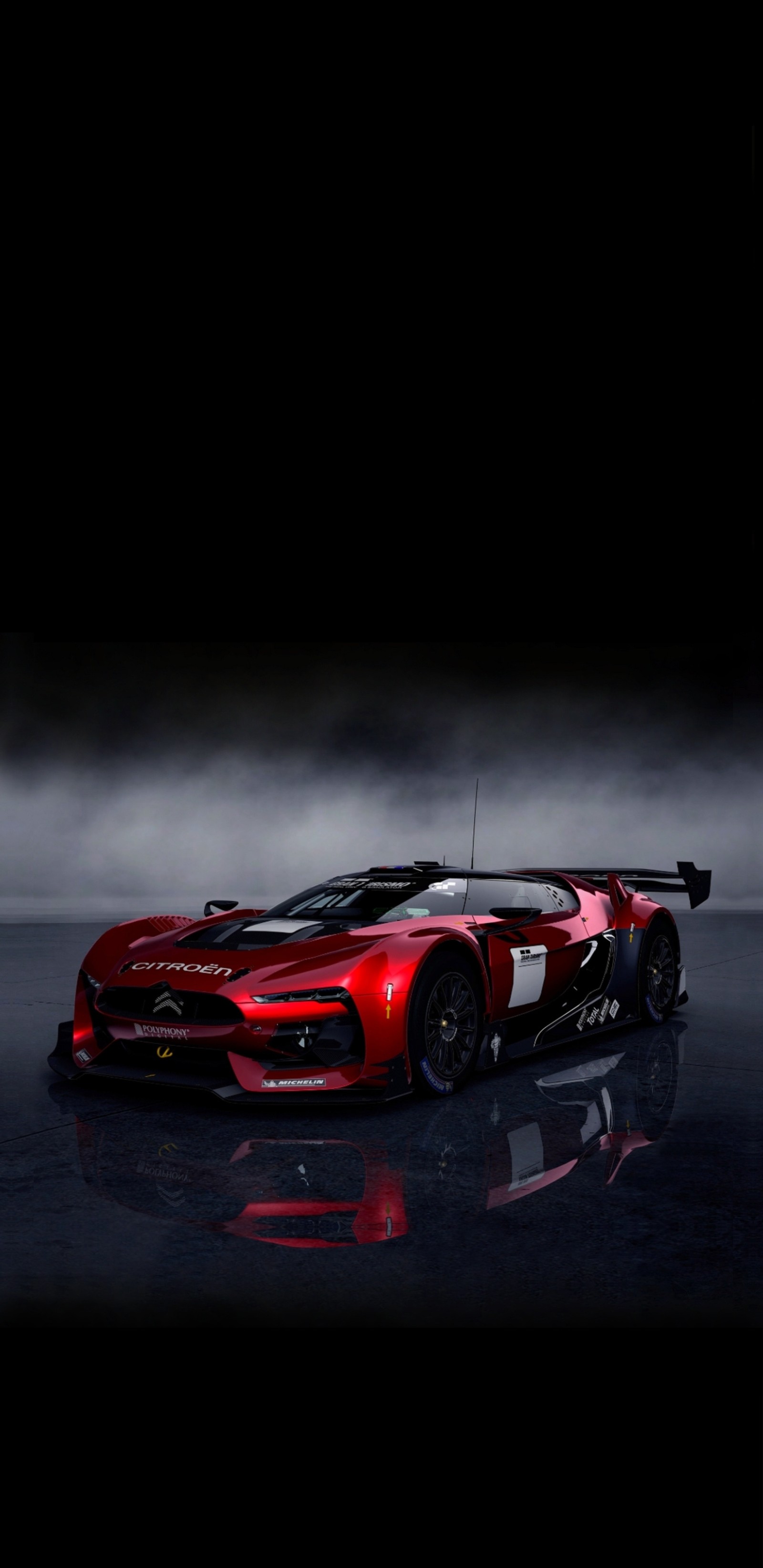 A close up of a red sports car on a black surface (citroen, gran turismo, red, concept cars, hd)