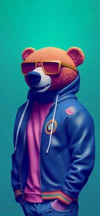 Personagem de urso estiloso com óculos de sol e moletom colorido