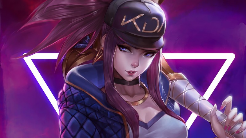 Женщина с бейсбольной битой в руках и шляпой на голове (акали, akali, lol, league of legends, видеоигра)