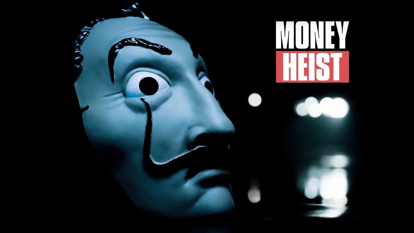 Un primer plano de una máscara con una cara en ella (la casa de papel, money heist, máscara de dalí, 5k, fondo oscuro)