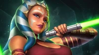 Ahsoka Tano wielding a green lightsaber in a dynamic sci-fi fantasy setting.