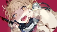 Himiko Toga aus Mein Held Academia mit einem schelmischen Grinsen, das ein Messer hält.