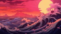 océan, vague, coucher de soleil, japonais, art numérique