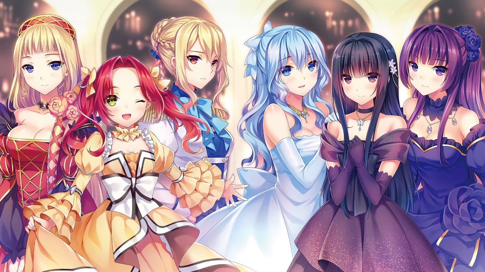 Un groupe de filles d'anime en robes se tenant ensemble (chroniques de lesprit, anime, 精霊幻想記, seirei gensouki, filles)