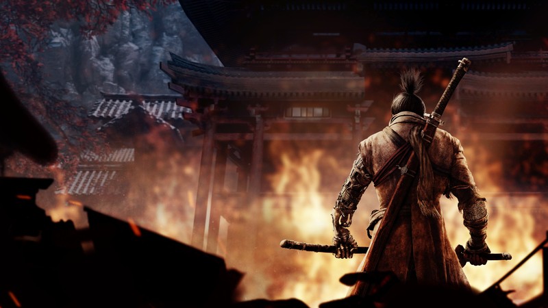 Мужчина в длинной робе с двумя мечами, стоящий перед огнем (sekiro shadows die twice, игра года, видеоигра, игры, обои 4k)