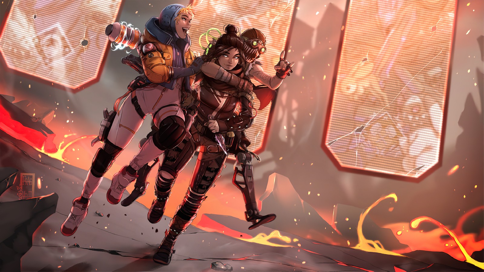 A group of people in armor are running through a fire (wraith, octane, wattson, apex legends, video game)