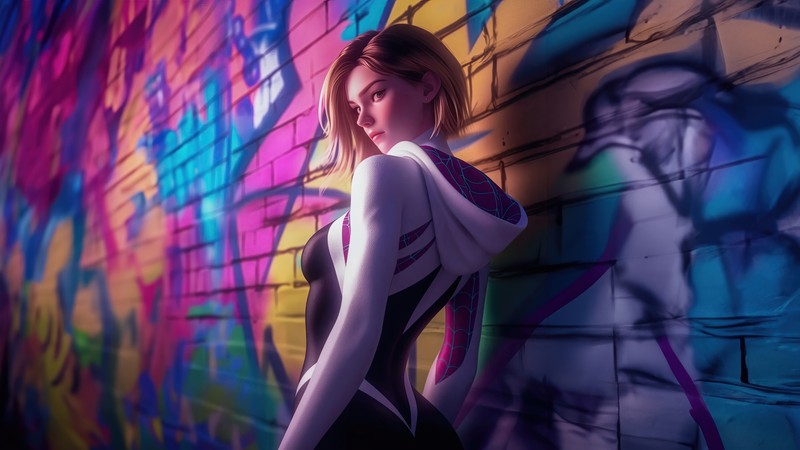 Женщина в черно-белом костюме стоит перед цветной стеной (гвен паук, spider gwen, гвен стейси, gwen stacy, marvel)