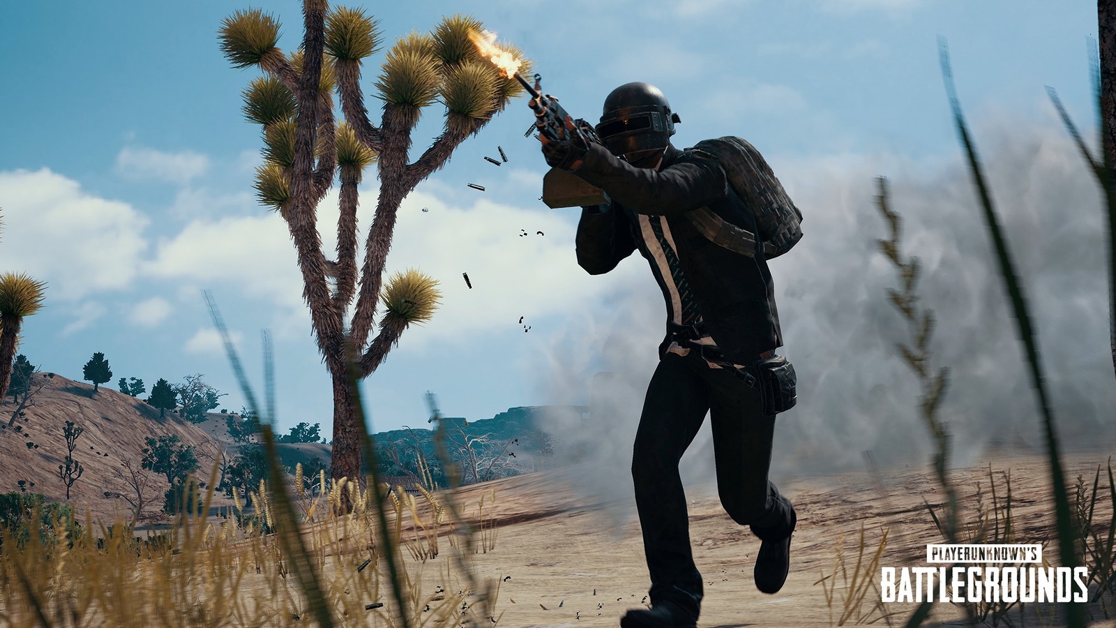 A man in a black jacket holding a gun in a desert (pubg, playerunknowns battlegrounds, video game)