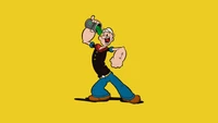 Popeye genießt Spinat vor einem hellgelben Hintergrund