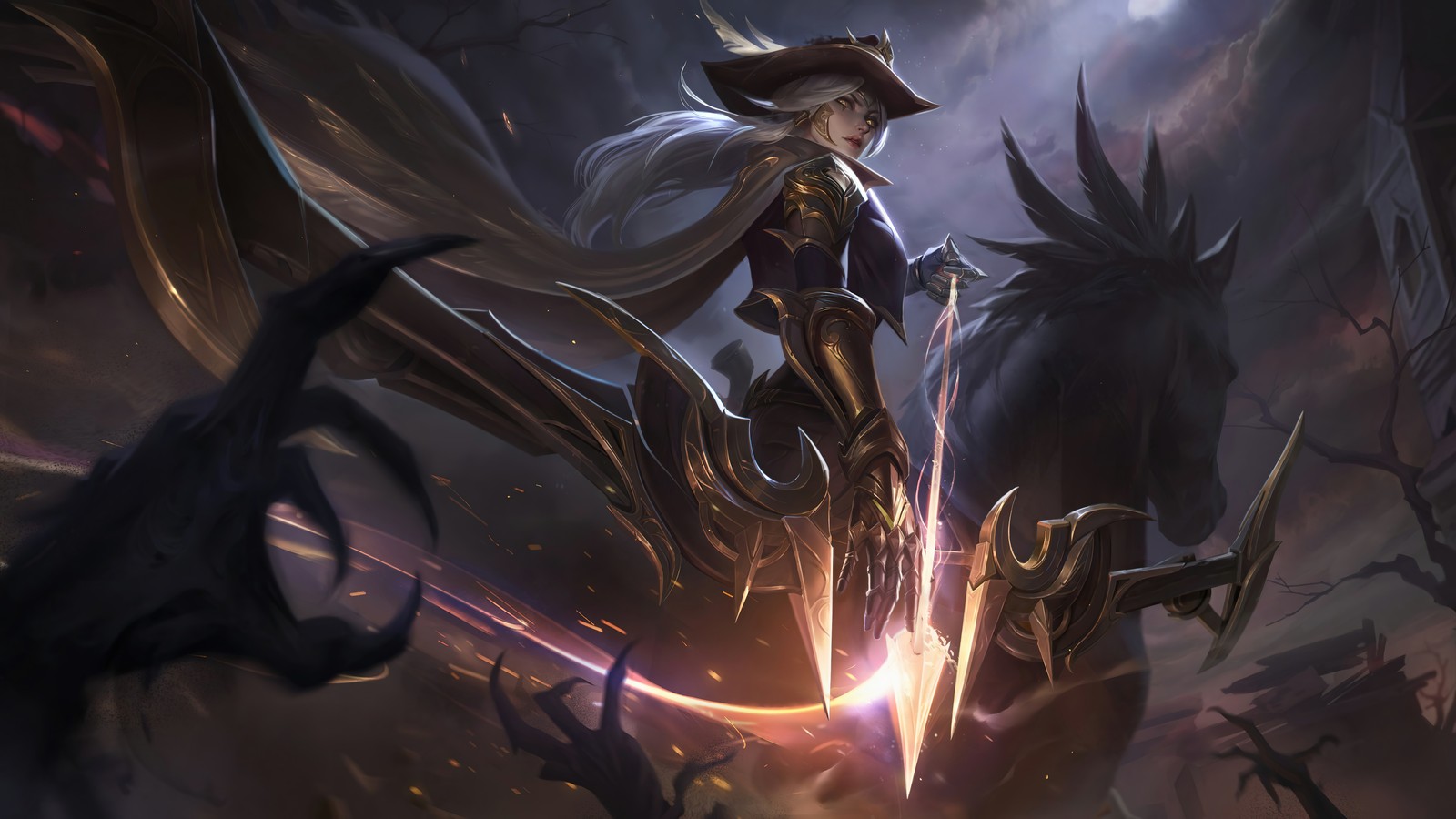 Близкий план человека, сидящего на лошади с мечом (высокий полдень, ashe, lol, league of legends, видеоигра)